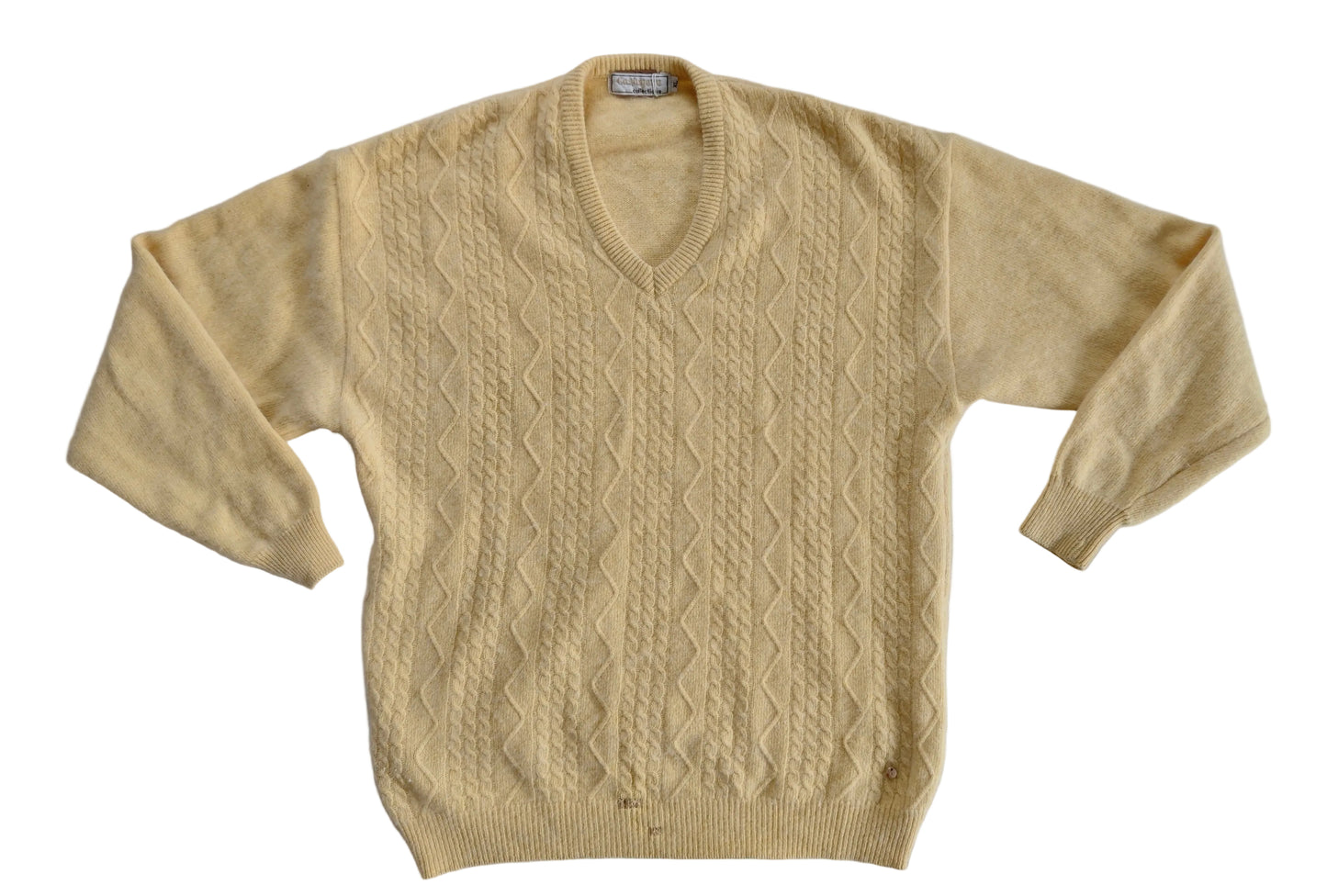 Pullover in Buttergelb mit V-Ausschnitt und Zopfmuster XL (B-Ware)